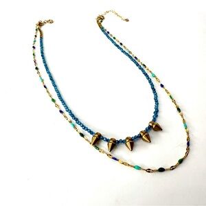 Double Layered Necklace, Blue Topaz Beaded Necklace, Vintage Jewel Tone Chain